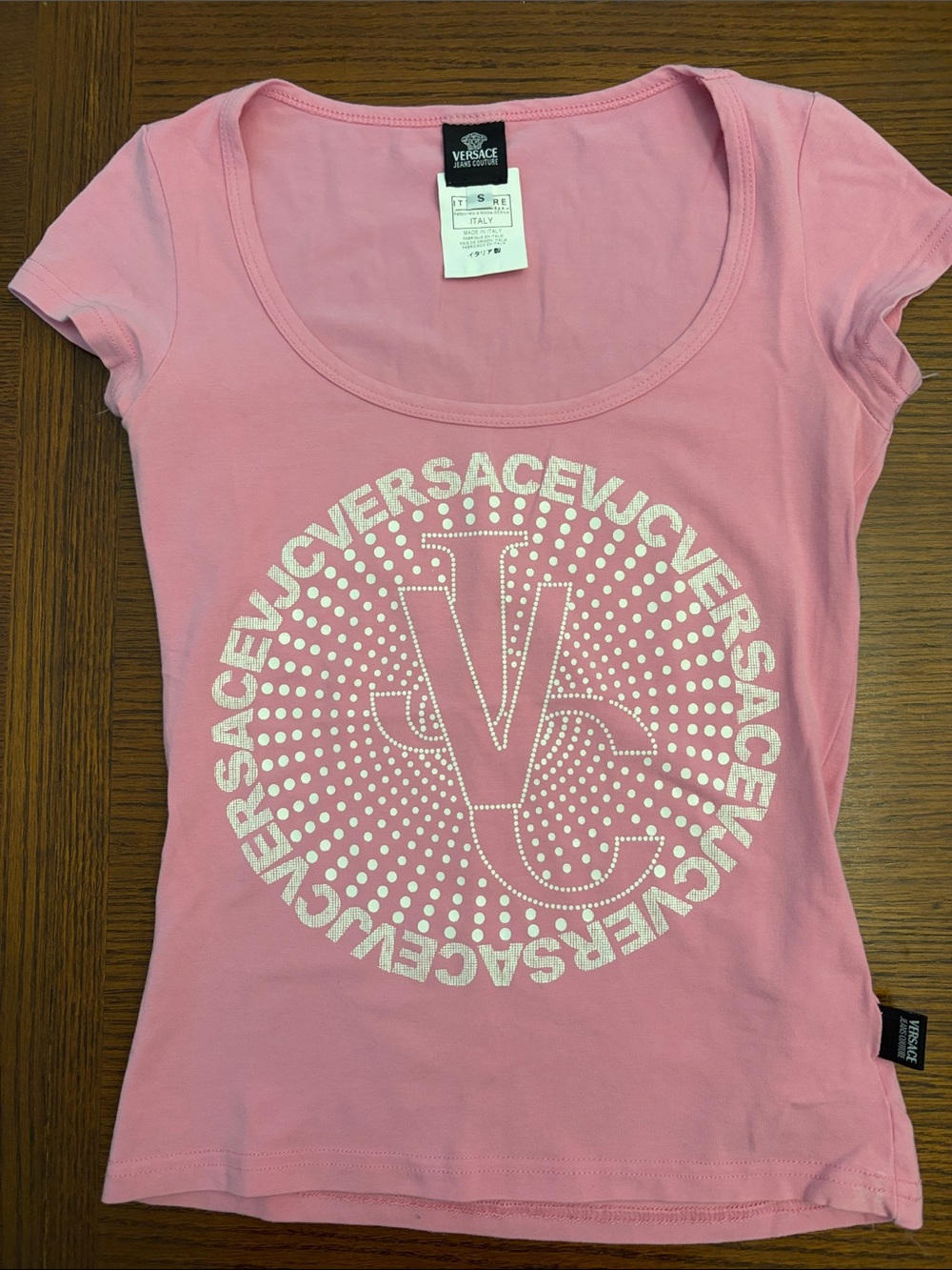 Versace Pink Scoop Logo Tee with Studded Circle Motif